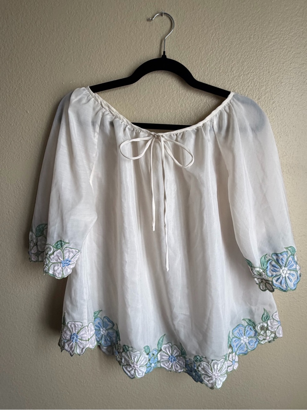 White Embroidered Peasant Blouse with Blue Floral Trim
